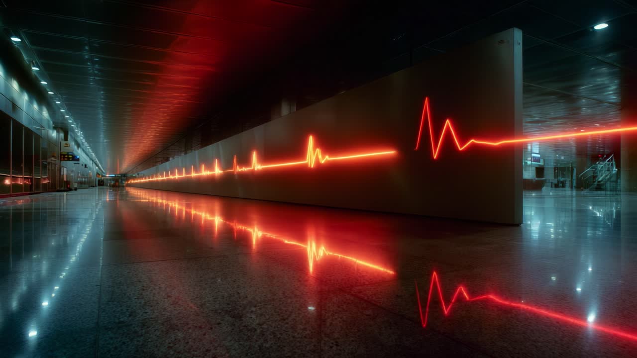 A Stunning Visualization of Life's Rhythm: Captivating Red Heartbeat Lines Illuminate a Modern Urban Space, Reflecting the Pulse of Life in a Striking Creative Display