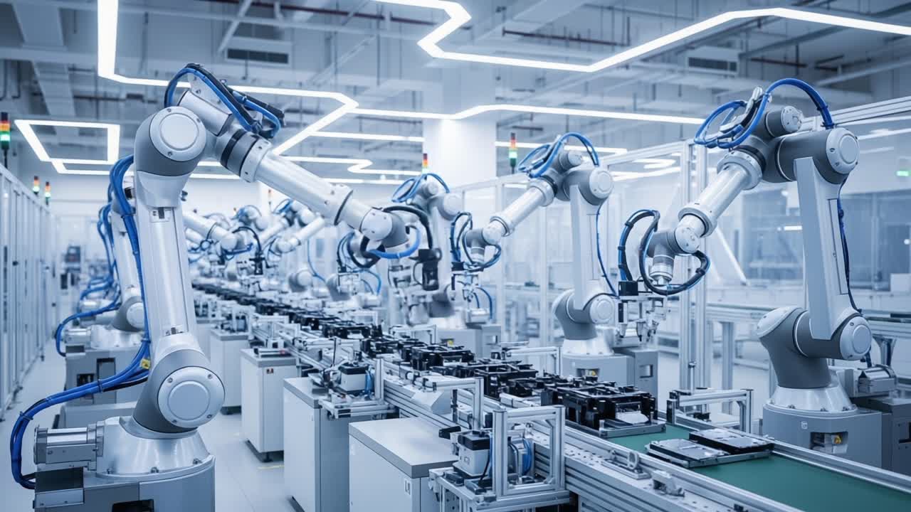 Advanced Automation and Robotics in a Modern Manufacturing Facility Showcasing High-Tech Industrial Processes with Multiple Robotic Arms Engaging in Precision Assembly Tasks