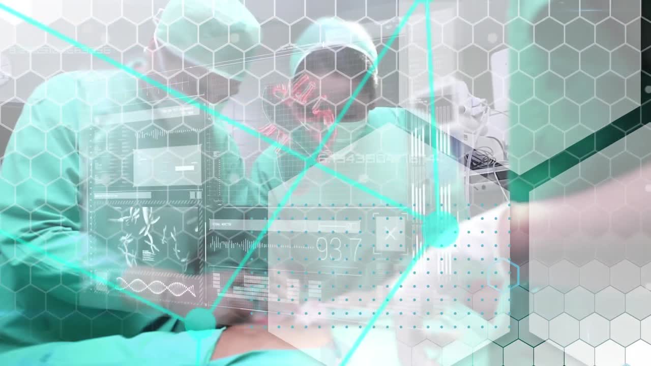 간호사, 미래의 인터페이스, 그리고 육각형 패턴을 가진 의사