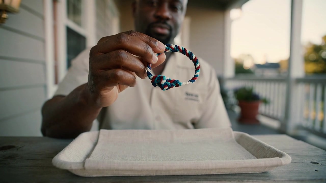 Reaching toward tray, man in beige shirt lifting, checking bracelet at porch table, placing on tray