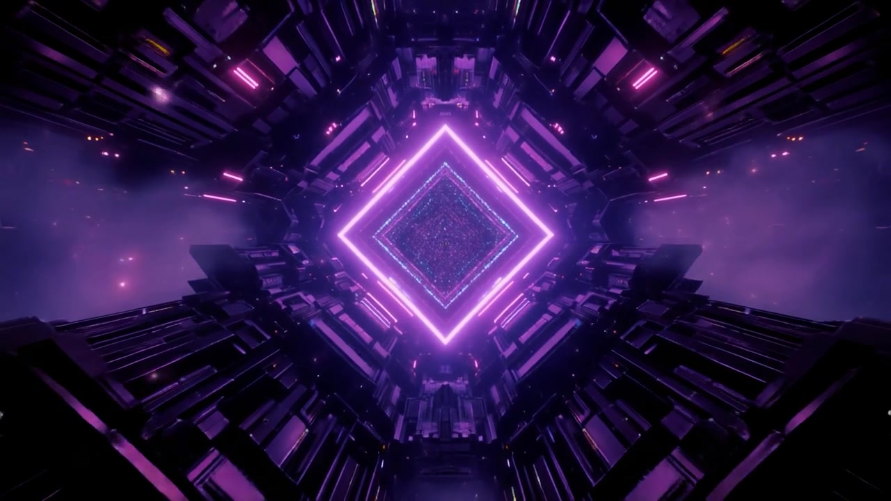 Tunnel futuristico con portale a diamante viola luminoso