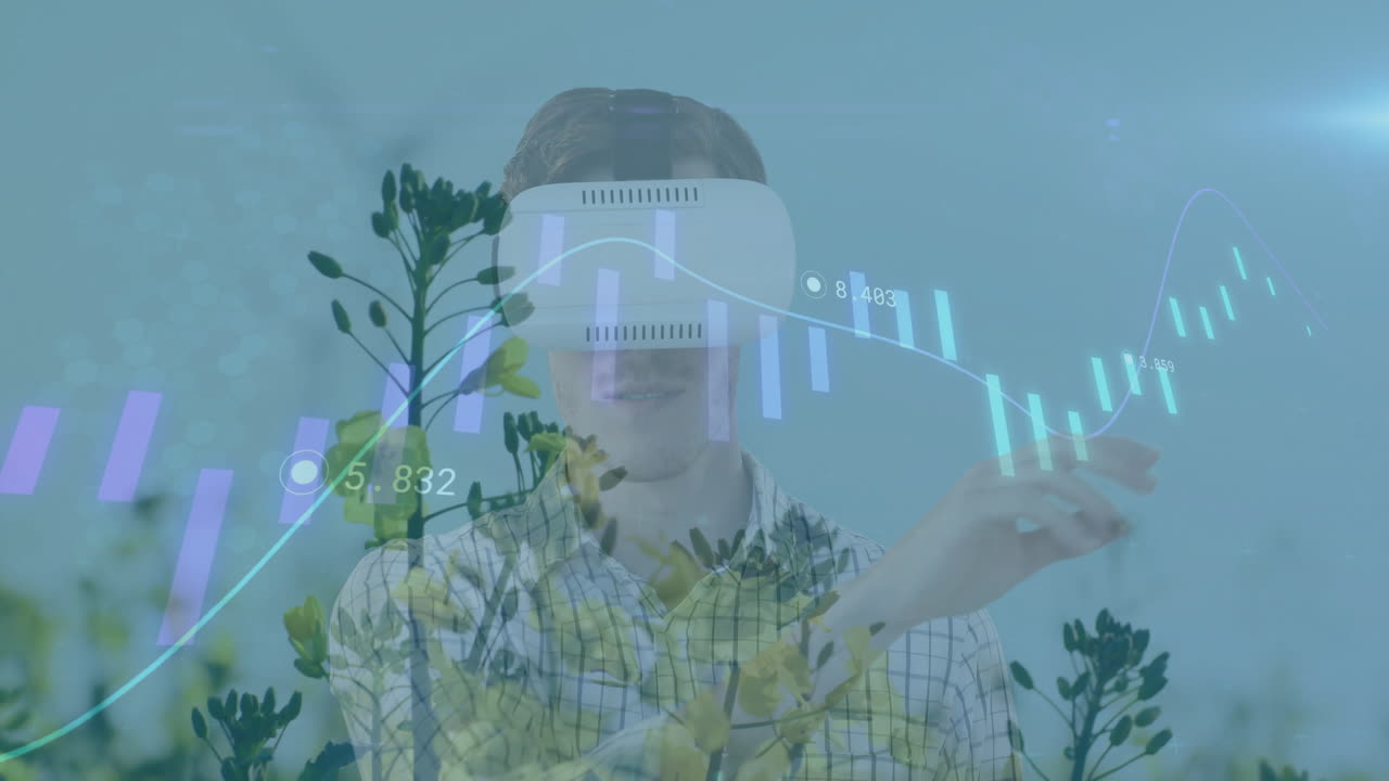 Man wearing VR headset reaching yellow plants, interacting with floating finance candlesticks, bars