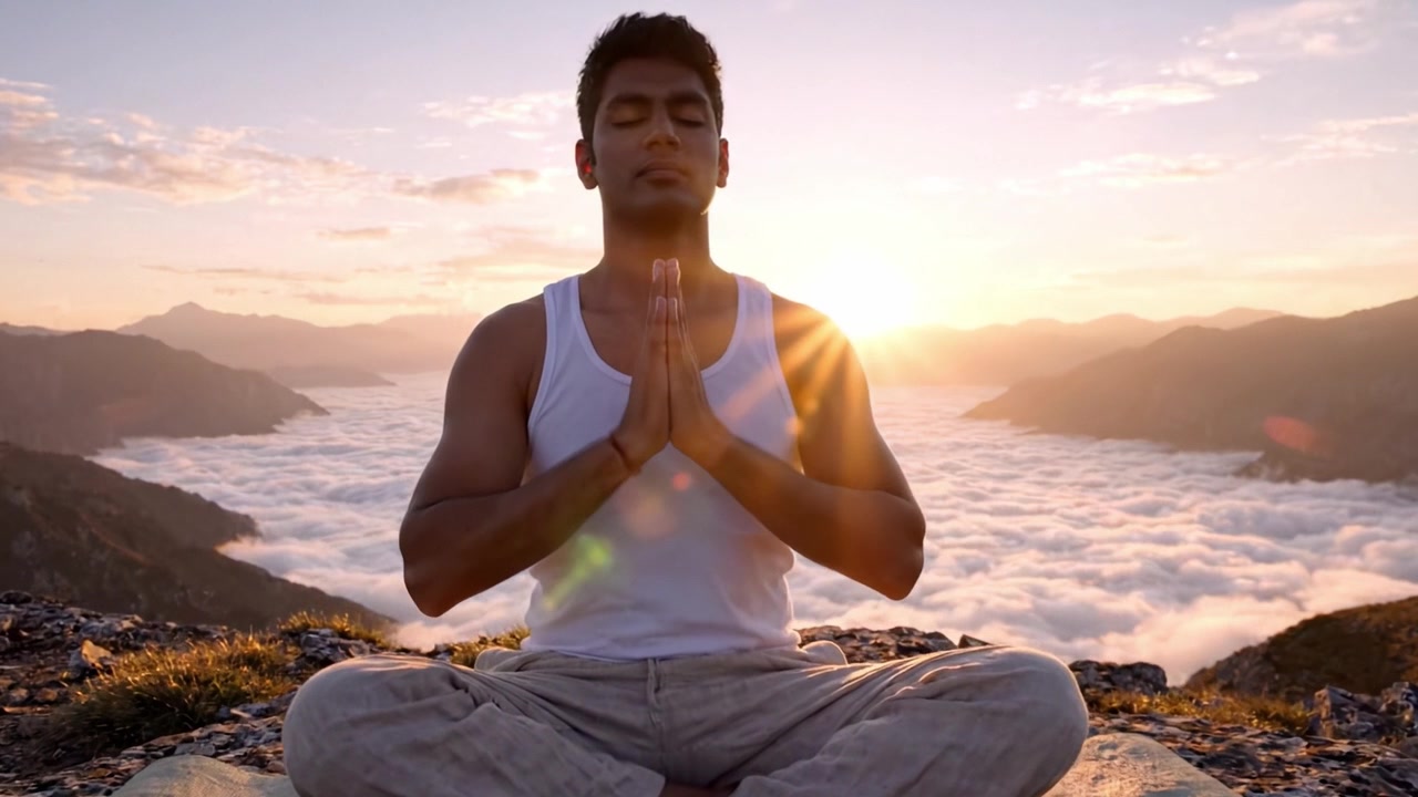 Une expérience de méditation sereine au milieu de montagnes majestueuses et d'une mer de nuages au lever du soleil, capturant la paix intérieure et la tranquillité pour la croissance personnelle et le bien-être.