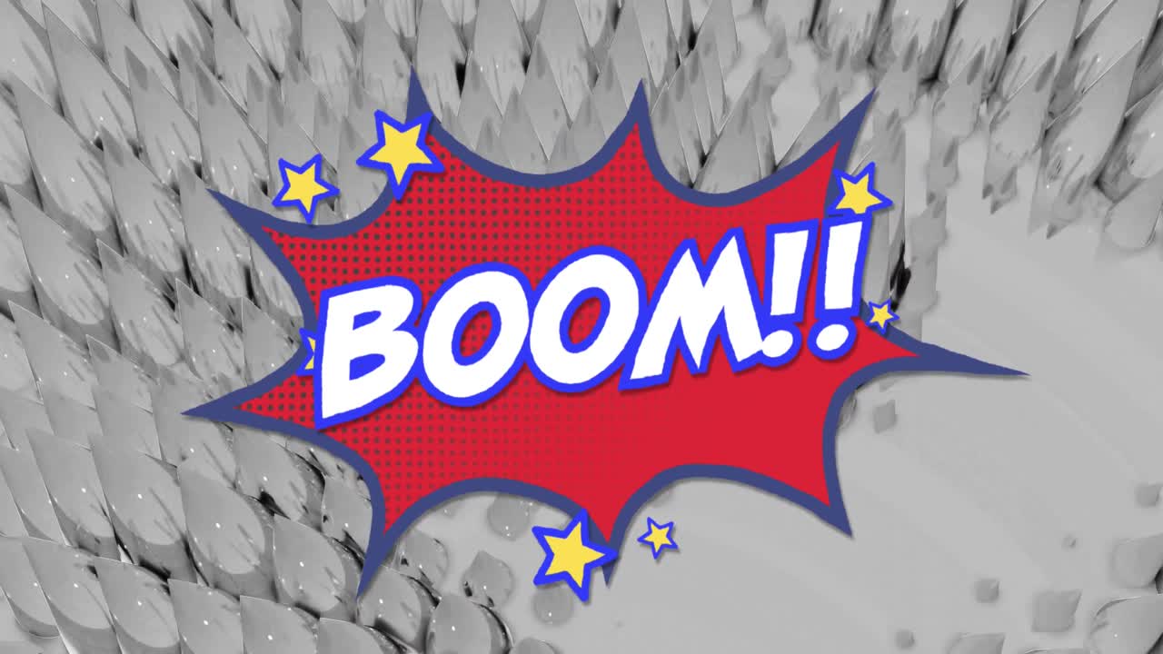 회색 패턴 배경 위에 레트로 음성 거품으로  ⁇ 색 글자로 와우 텍스트의 애니메이션