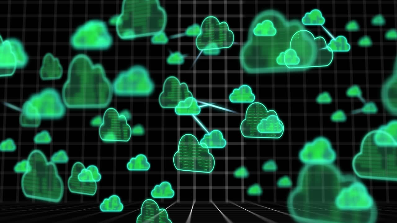 Animation of cloud icons and data processing over grid