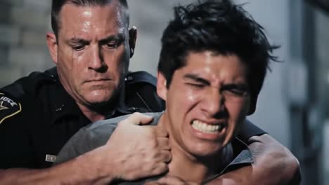 a police officer wrestles with a young man in a dimly lit alley in an urban area at night. tension fills the air as the officer attempts to secure the suspect, highlighting crime prevention efforts.