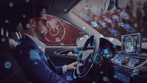 red de iconos digitales contra el hombre que conduce un coche autónomo futurista