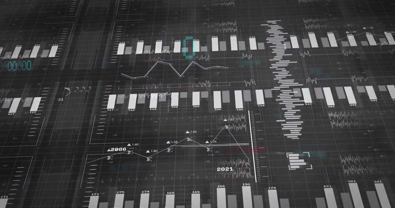 Starting white bars rising on grid, splitting quadrants, overlaying line graphs highlighting trends