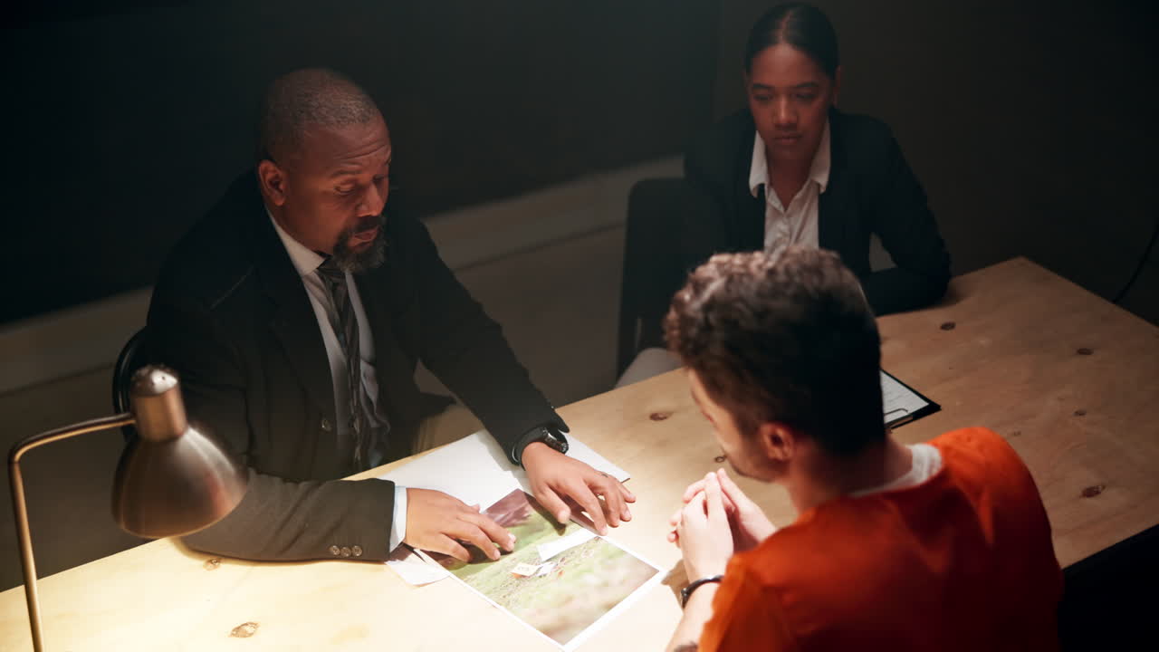 Interrogation scene with detectives and suspect
