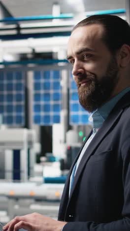 vertical video solar panels industry technician in a high tech factory for inspection