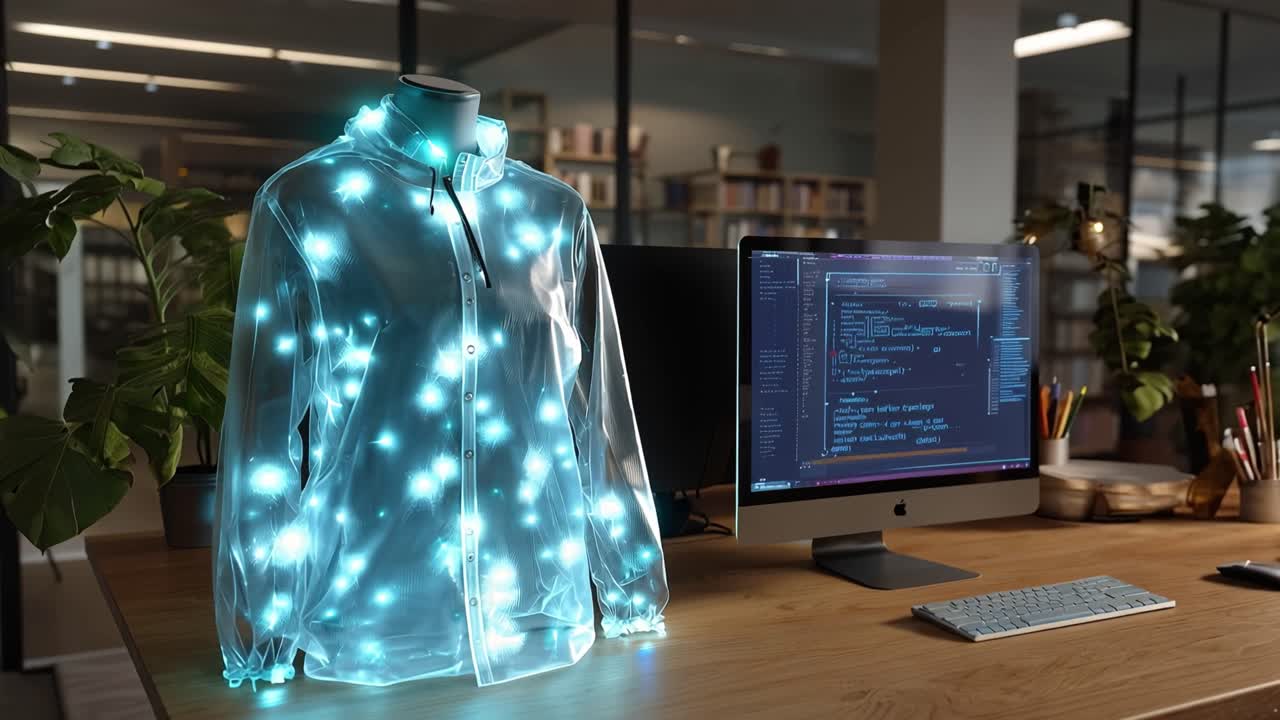 Glowing futuristic garment sits on wooden desk. Modern office space surrounds the scene. Glass partitions and green plants enhance ambiance. Tech monitors display code, suggesting innovation