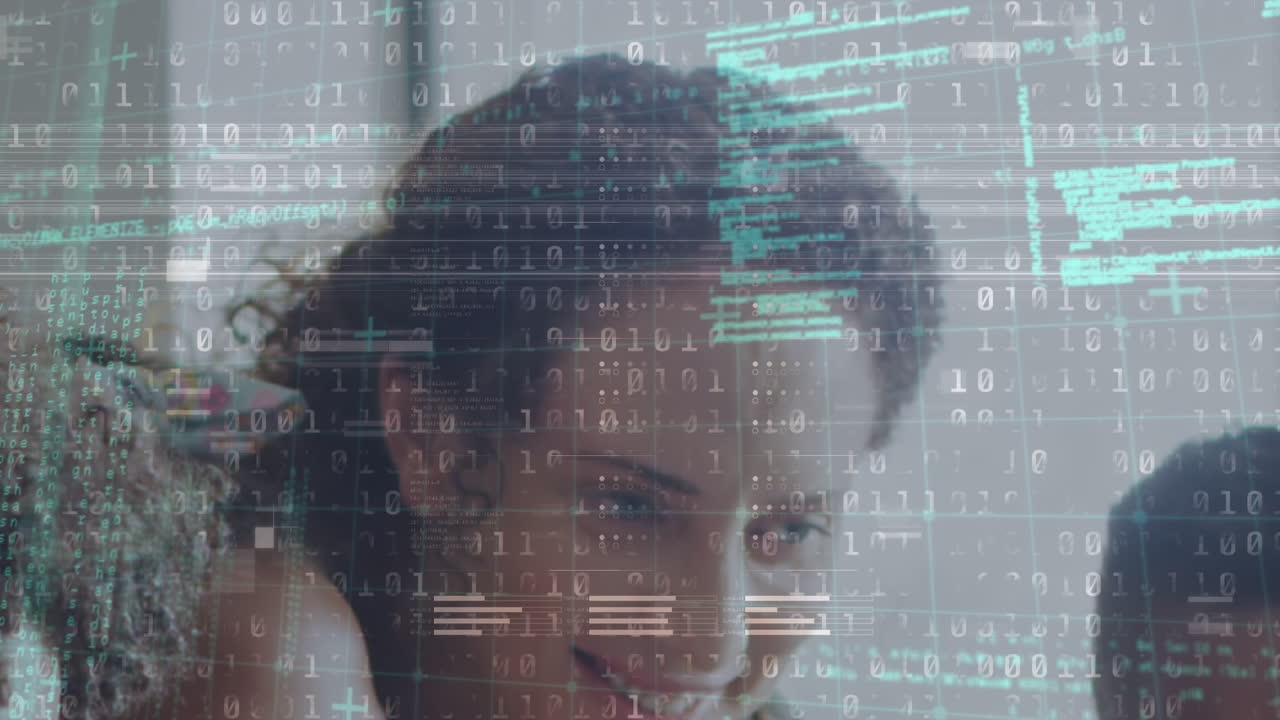 Animation of graphical binary and programming codes over caucasian mother with children