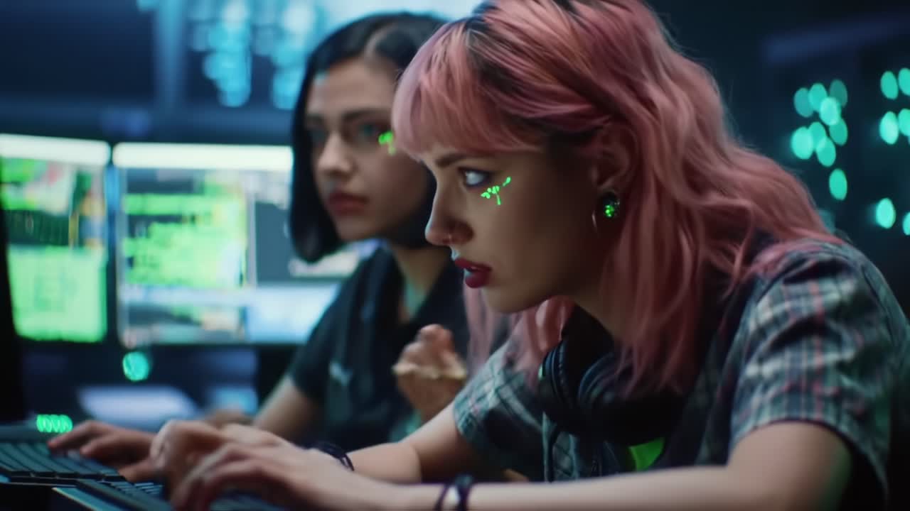 Two intense young women engaged in a high-tech coding session, illuminated by vibrant screens, showcasing determination and creativity in a cyber environment