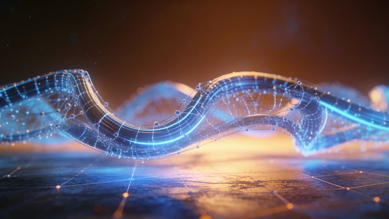 Vertical video: Glowing ribbon pulsing nodes on grid floor, camera moving in showing loops for tech