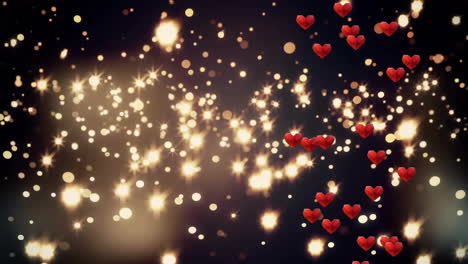 sparkling lights and floating red hearts animation over dark background