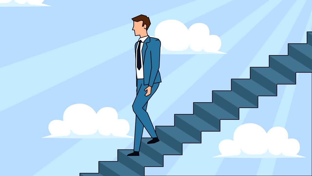 personaje de dibujos animados de hombre de negocios plano baja por la escalera de la carrera escaleras de concepto de animación