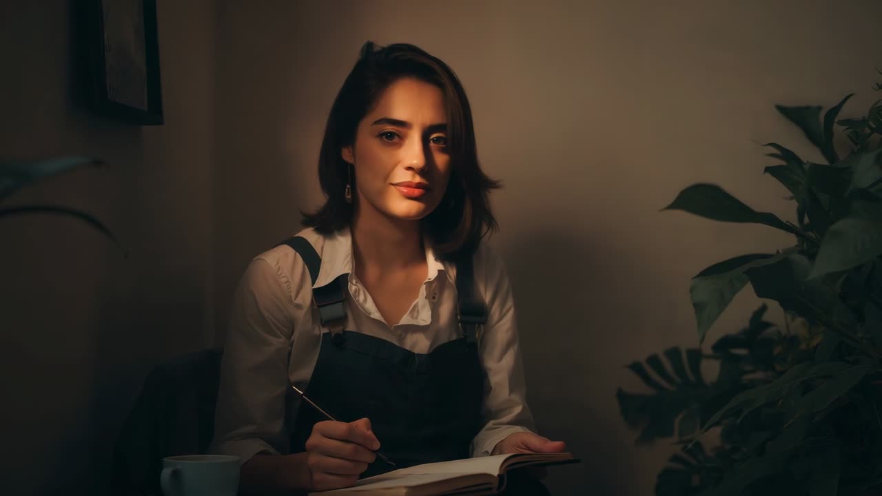 Penna che tocca il taccuino, donna che pianifica a casa in camicia bianca e grembiule scuro, sollevando la testa verso la luce.