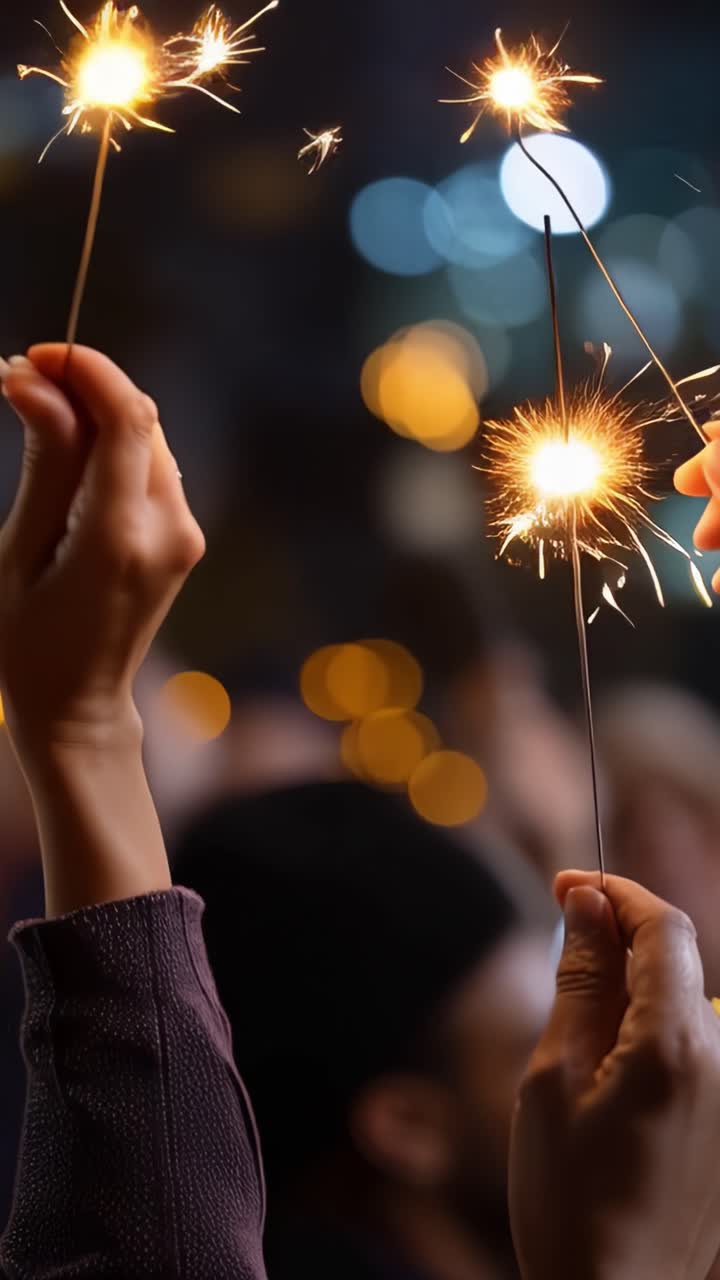 Perayaan Meriah dengan Kembang Api: Tangan Memegang Percikan Cahaya Berkilau dengan Latar Belakang Cahaya Berkilauan dan Bokeh, Mengabadikan Momen Bahagia Bersama.