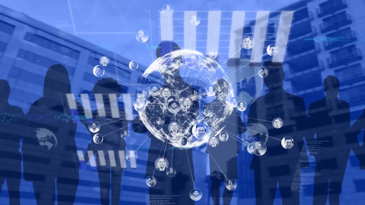 비즈니스 사람들과 사무실 건물을 통해 전 세계와의 연결 네트워크의 활성화