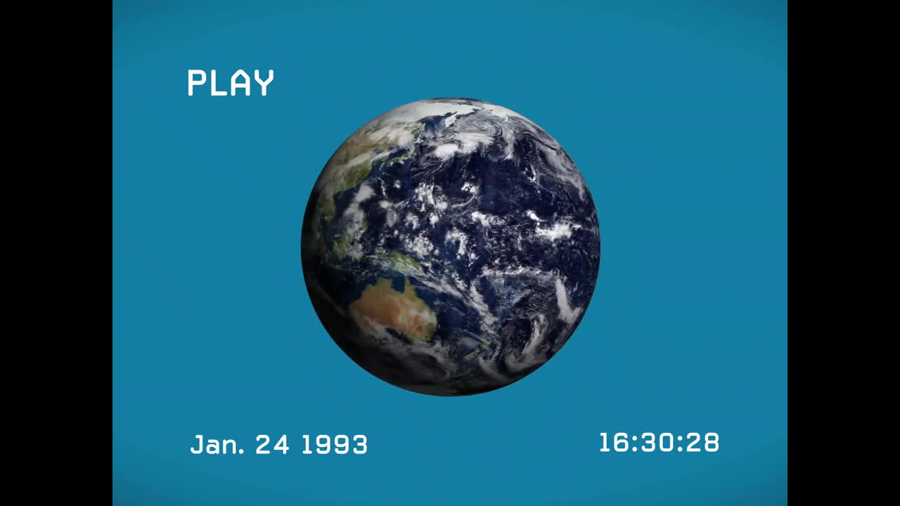 Animation of Earth rotating with retro VHS overlay displaying date and time
