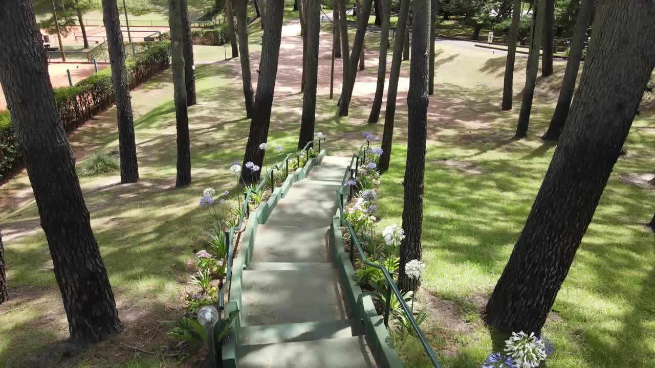 Green metal walkway curving through lush park landscape, weaving between verdant trees and vibrant blooming flowers under bright summer sunlight