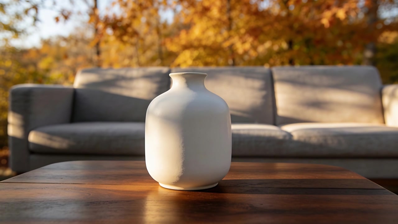 Caméra en mouvement se rapprochant et refaisant la mise au point dans un salon à une table en bois pour mettre en valeur un vase blanc
