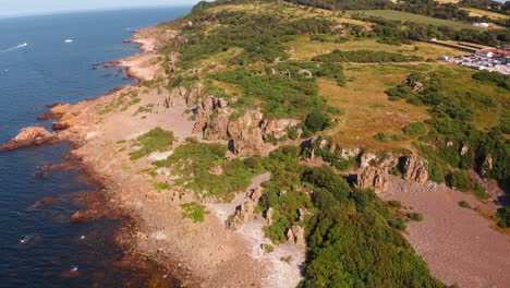rocky coastline with lush green foliage, overlooking the sea in norway.