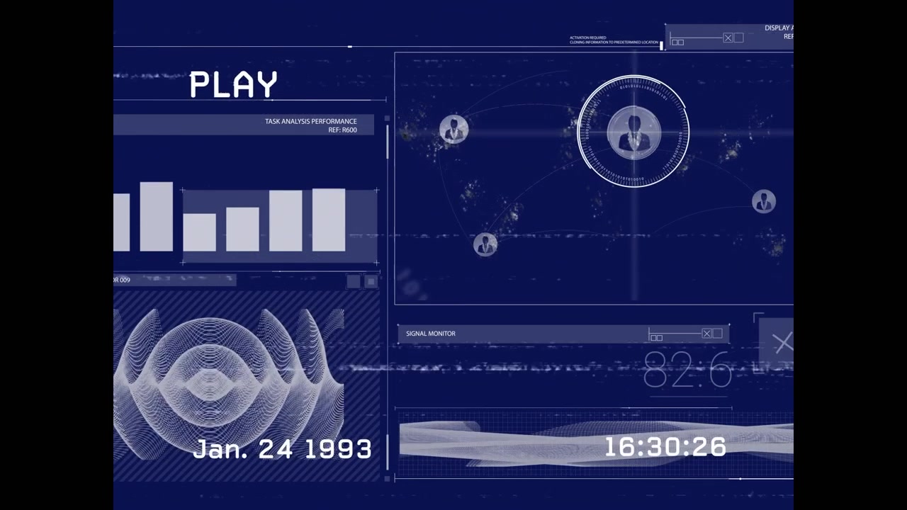 Animation of scope scanning and data processing over empty office