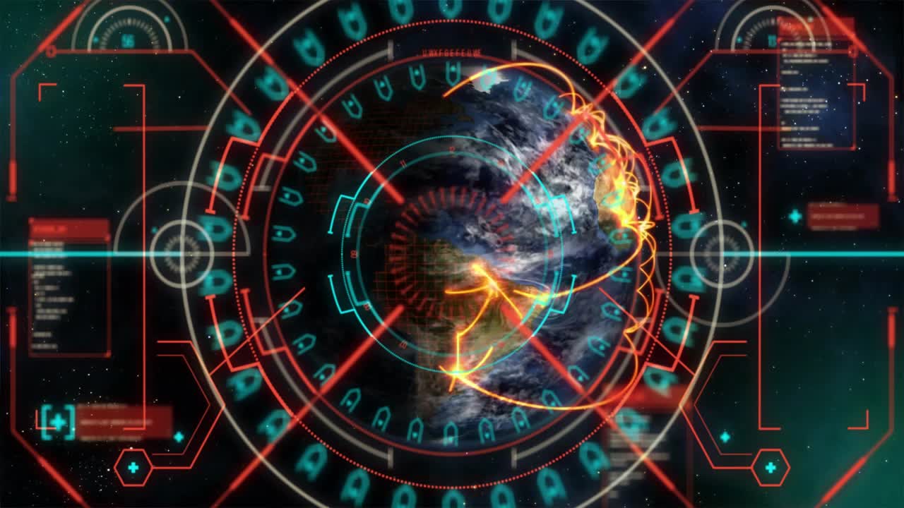 HUD che attiva il pianeta, anelli che ruotano, archi arancioni che convergono, HUD che si blocca, tracciando l'attività