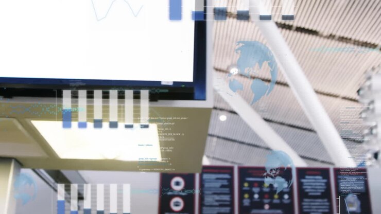 Animation of financial data processing over people in airport