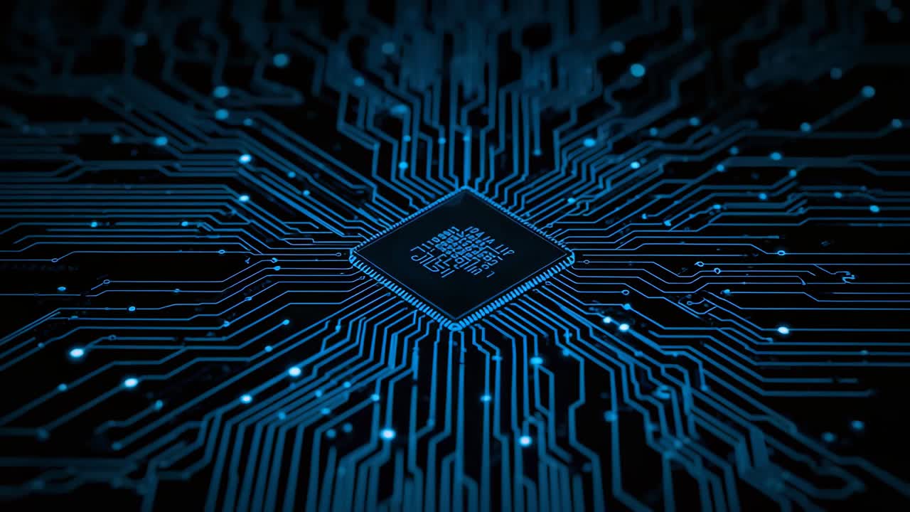 Powering microprocessor emitting blue glow across board traces and pulsing nodes, showing data flow
