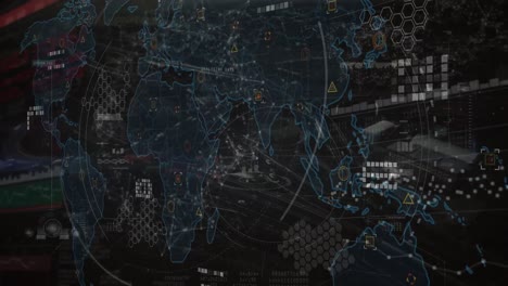 animación de escaneo de alcance y mapa del mundo y procesamiento de datos sobre el paisaje urbano