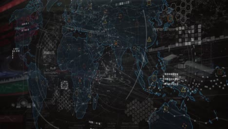 animation of scope scanning and world map and data processing over cityscape