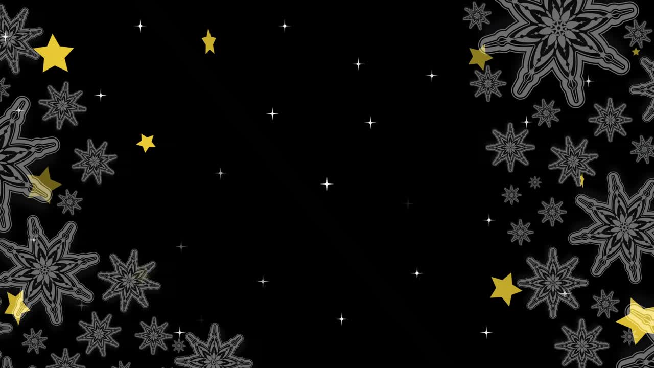 Starfield forming frame, starting with grey flake outlines from edges, yellow stars drifting inward