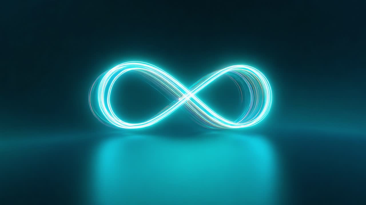 Abstract cyan neon light forming an endless infinity symbol while rotating on a reflective dark surface. A seamless and futuristic animation representing eternity, limitlessness and the metaverse