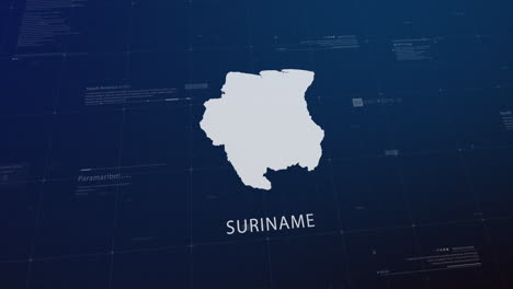 suriname country map comes to life with cinematic panning, unveiling key details, the capital, and slogan, providing an engaging background for corporate and commercial use