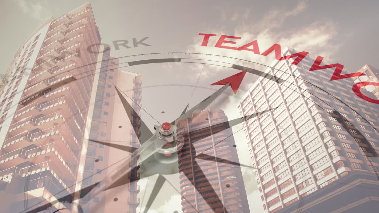 Compass pointing to teamwork with animation over city skyscrapers and cloudy sky