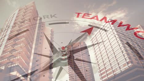 compass pointing to teamwork with animation over city skyscrapers and cloudy sky
