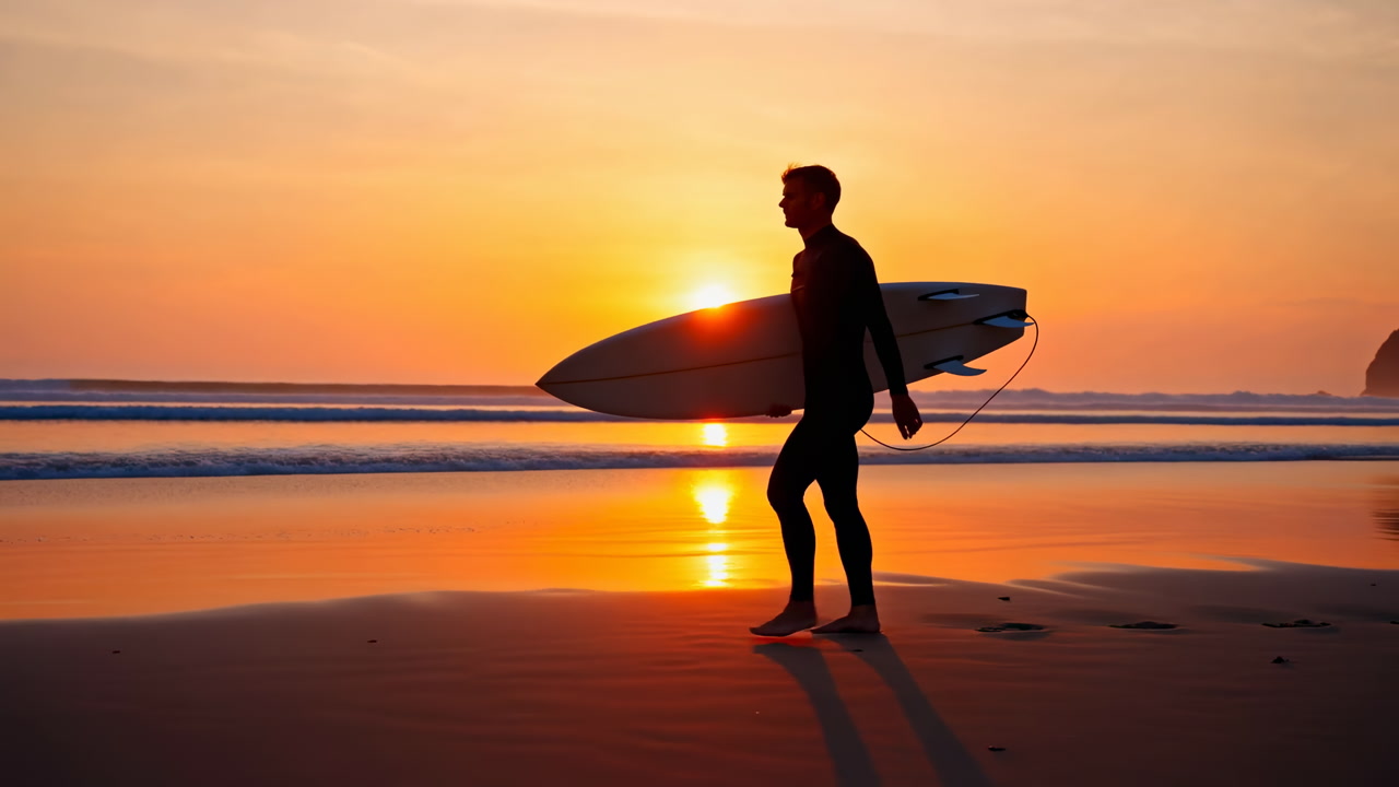 Silhouette of Surfer Walking on Beach During Golden Sunset