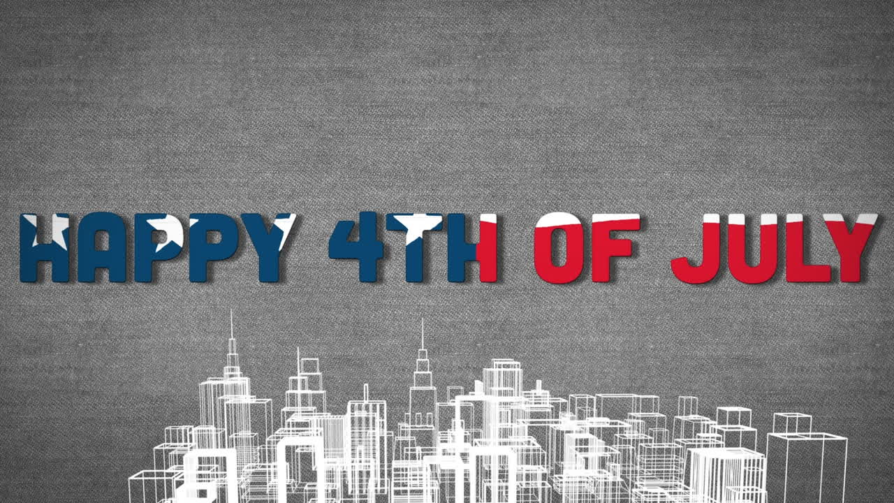Independence Day text over 3D city model in background