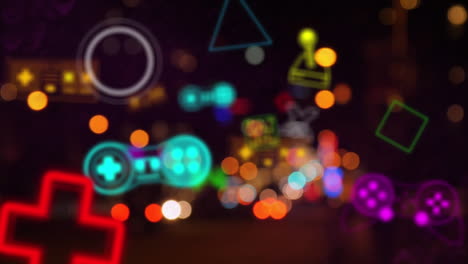 animación de consolas de juegos y formas geométricas sobre vehículos borrosos en la calle