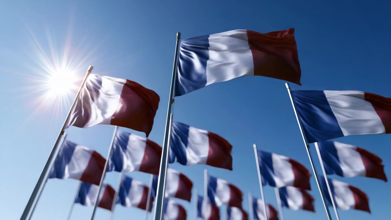 A Beautiful Display of Fluttering Flags Against a Bright Sky: The French Tricolor Waves Majestically in the Gentle Breeze, Symbolizing Unity and National Pride