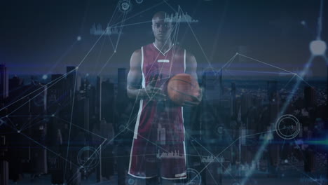 animation of male basketball player with network of connections and cityscape