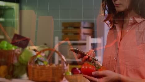 animation of data processing over smiling caucasian woman using smartphone in shop