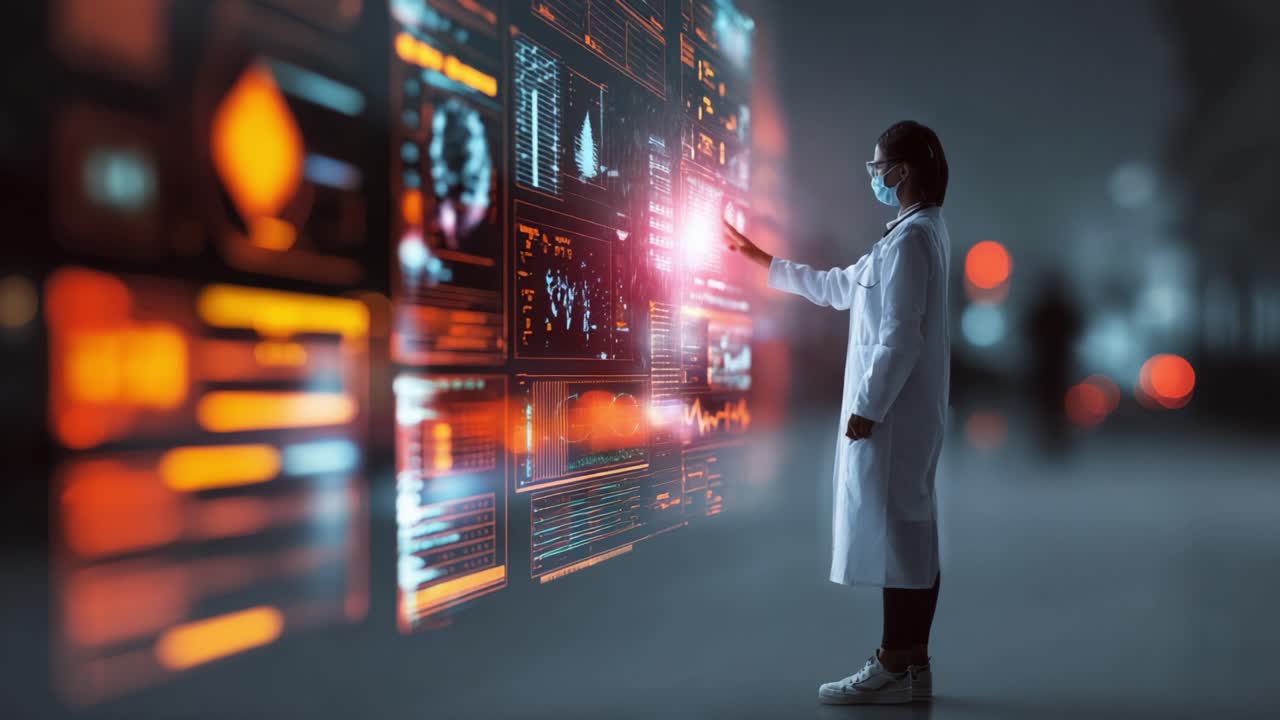 A Scientist Engaging with Advanced Digital Interface: Exploring Data Visualizations and Insights in a High-Tech Laboratory Environment