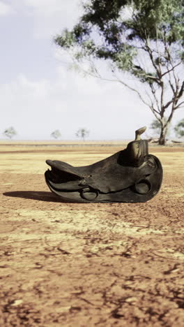 weathered cowboy saddle resting on arid ground beneath a vast blue sky