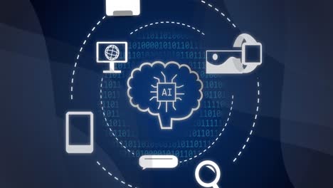animación de un procesamiento de datos con iconos y red de conexiones