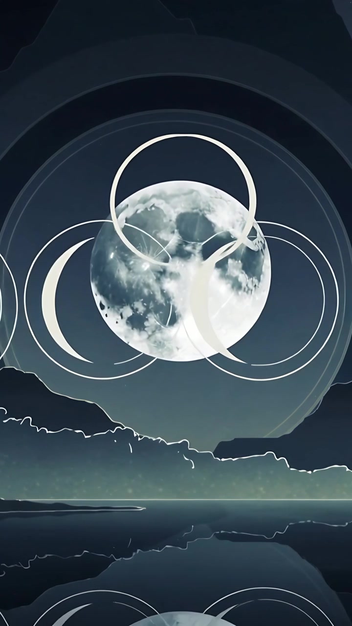 Vertical video: Shifting rings nudging arcs orbiting full moon above ridge, mirroring water for art