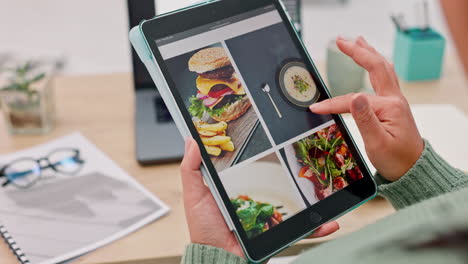 tableta, manos y desplazamiento, sitio web de alimentos con web