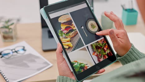 tablet, hands and scroll, food website with web